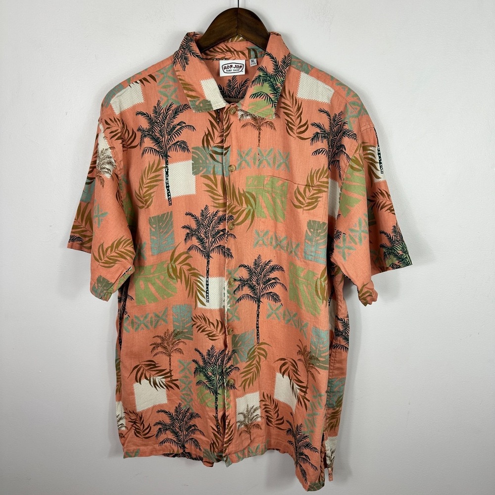Ron Jon Surf Shop Hawaiian Shirt Mens XL Coral Palm Leaf Aloha Surf Tropical